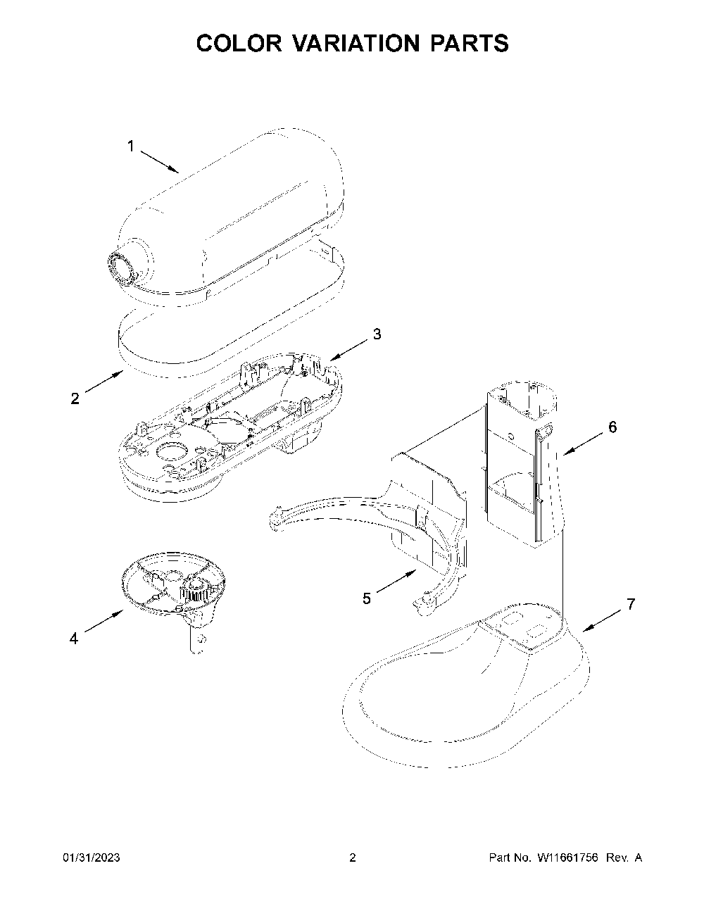 Color Variation Parts Diagram and Parts List for 5KSM55SXXWWH0  KitchenAid Mixer