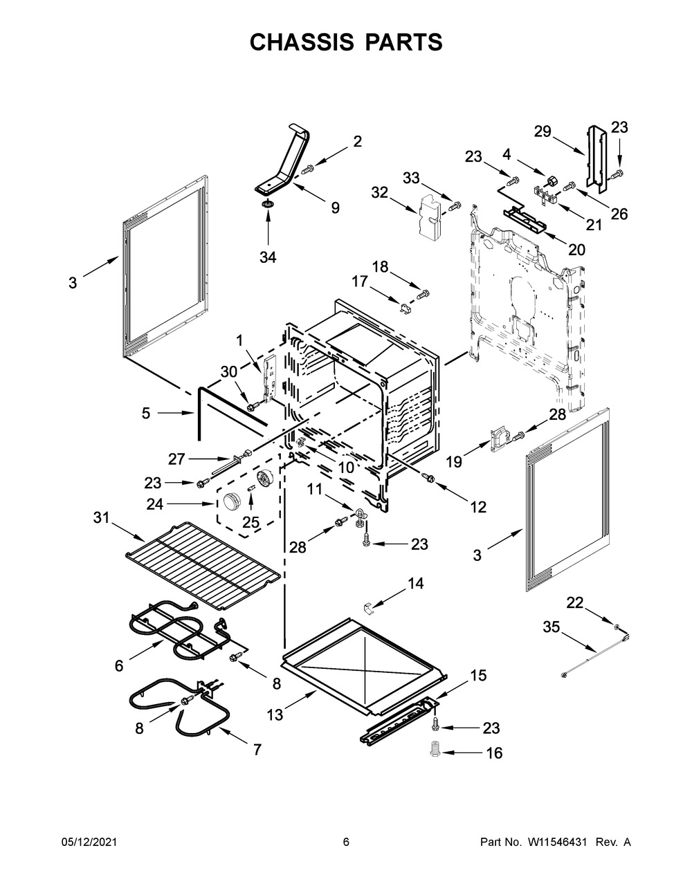 Chassis Parts Diagram and Parts List for YWFE505W0JZ1  Whirlpool Range