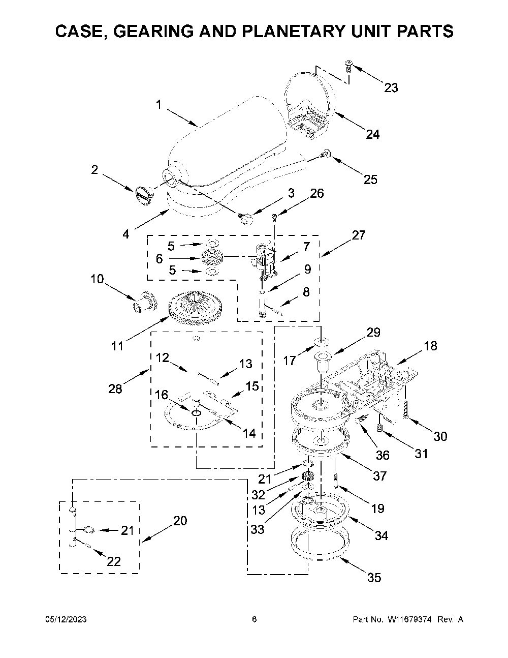 Case, Gearing And Planetary Unit Parts Diagram and Parts List for KSM155GBCA5  KitchenAid Mixer