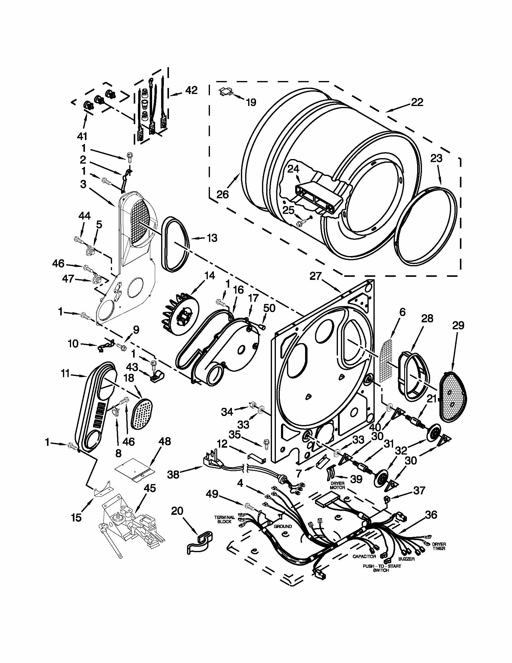 Dryer Bulkhead Parts Diagram and Parts List for 1109875279B  Kenmore Washer Dryer Combo
