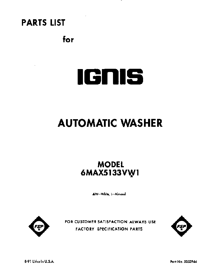 Front Cover Diagram and Parts List for 6MAX5133VW1  Whirlpool Washer