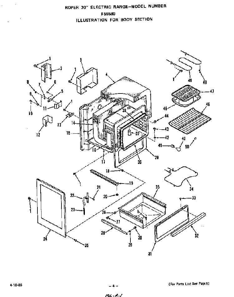 Body Diagram and Parts List for F5558*0  Roper Range
