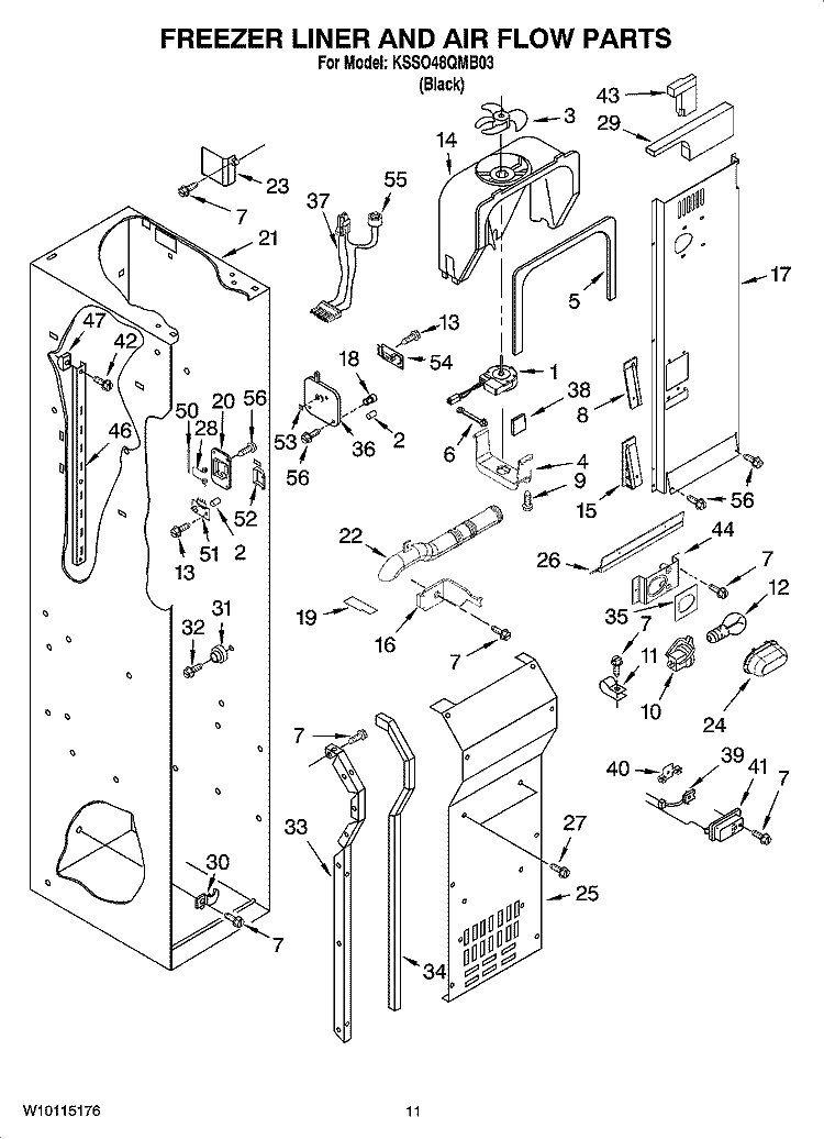 FREEZER LINER AND AIR FLOW PARTS Diagram and Parts List for KSSO48QMB03  KitchenAid Refrigerator