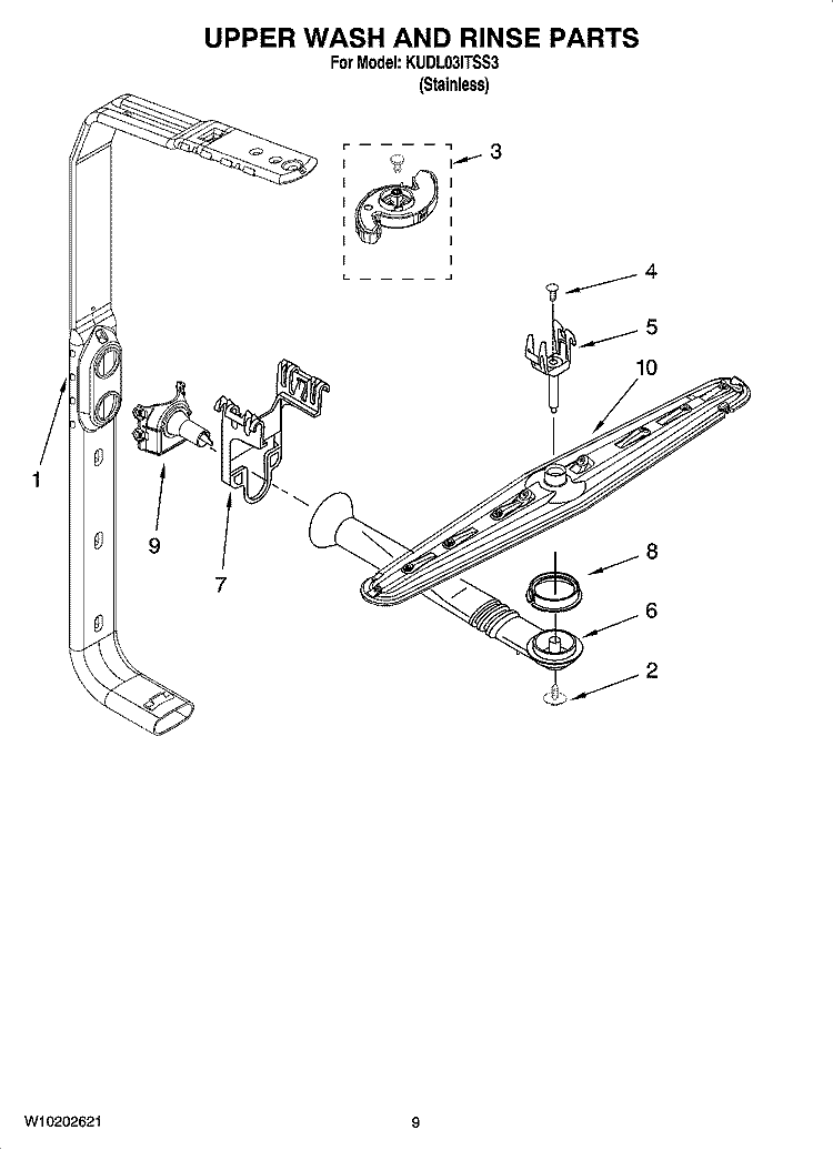 UPPER WASH AND RINSE PARTS Diagram and Parts List for KUDL03ITSS3  KitchenAid Dishwasher