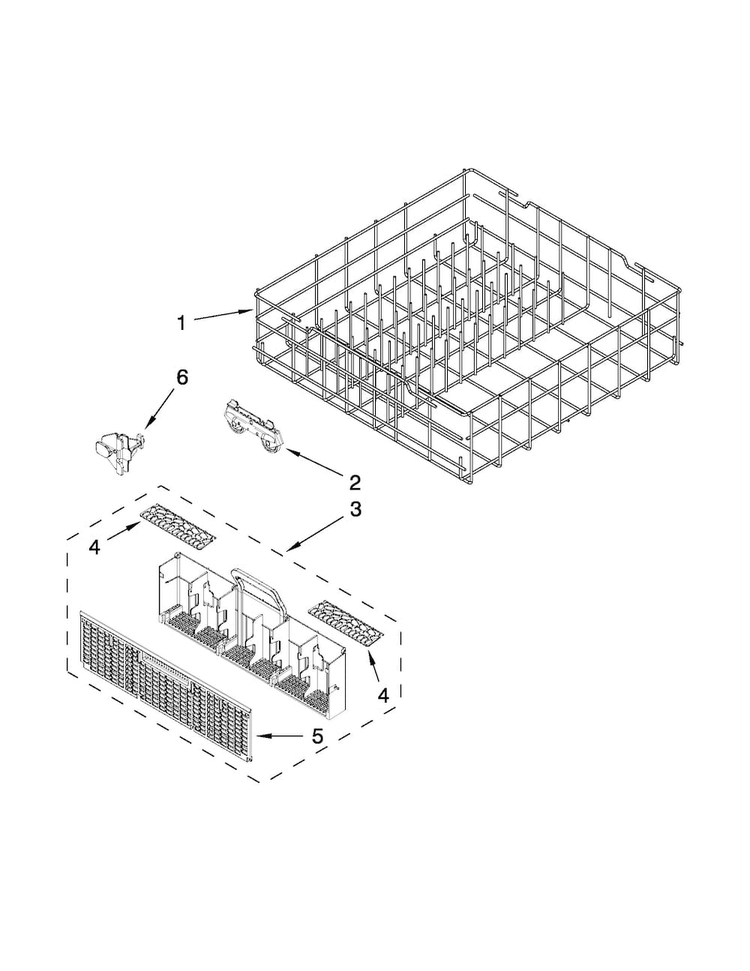 Lower Rack Parts Diagram and Parts List for WDT710PAYW5  Whirlpool Dishwasher