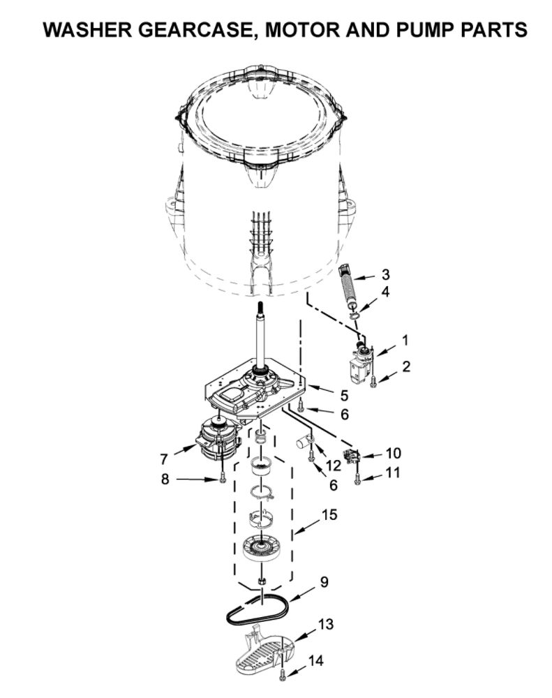 Washer Gearcase, Motor And Pump Parts Diagram and Parts List for WGTLV27HW2  Whirlpool Washer Dryer Combo