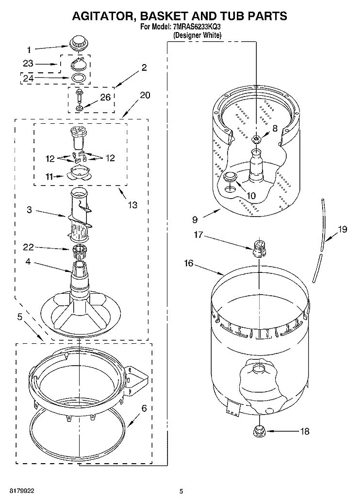 AGITATOR, BASKET AND TUB Diagram and Parts List for 7MRAS6233KQ3  Roper Washer
