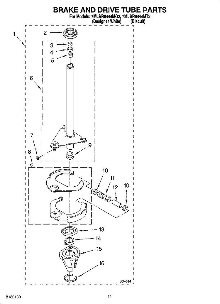 BRAKE AND DRIVE TUBE PARTS Diagram and Parts List for 7MLBR8444MQ2  Whirlpool Washer