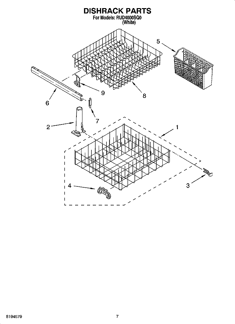 DISHRACK PARTS, OPTIONAL PARTS (NOT INCLUDED) Diagram and Parts List for RUD4000SQ0  Roper Dishwasher