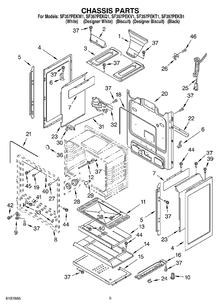 CHASSIS Diagram and Parts List for SF357PEKT1  Whirlpool Range