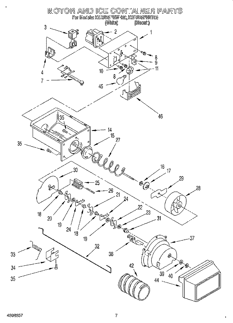 MOTOR AND ICE CONTAINER Diagram and Parts List for KSRE25FHBT00  KitchenAid Refrigerator