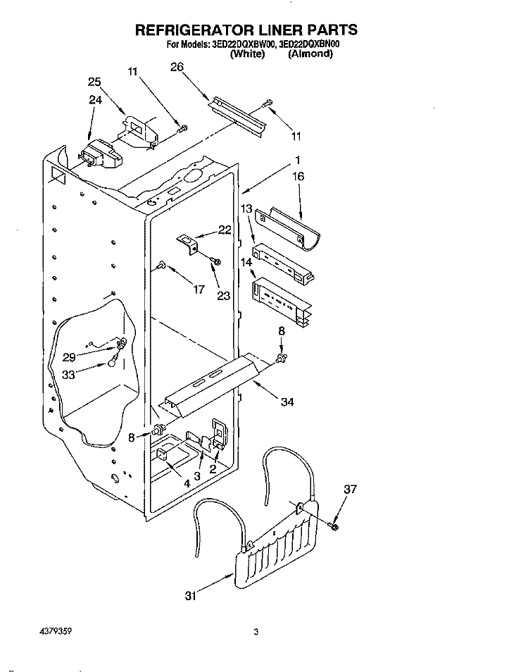 REFRIGERATOR LINER Diagram and Parts List for 3ED22DQXBN00  Whirlpool Refrigerator