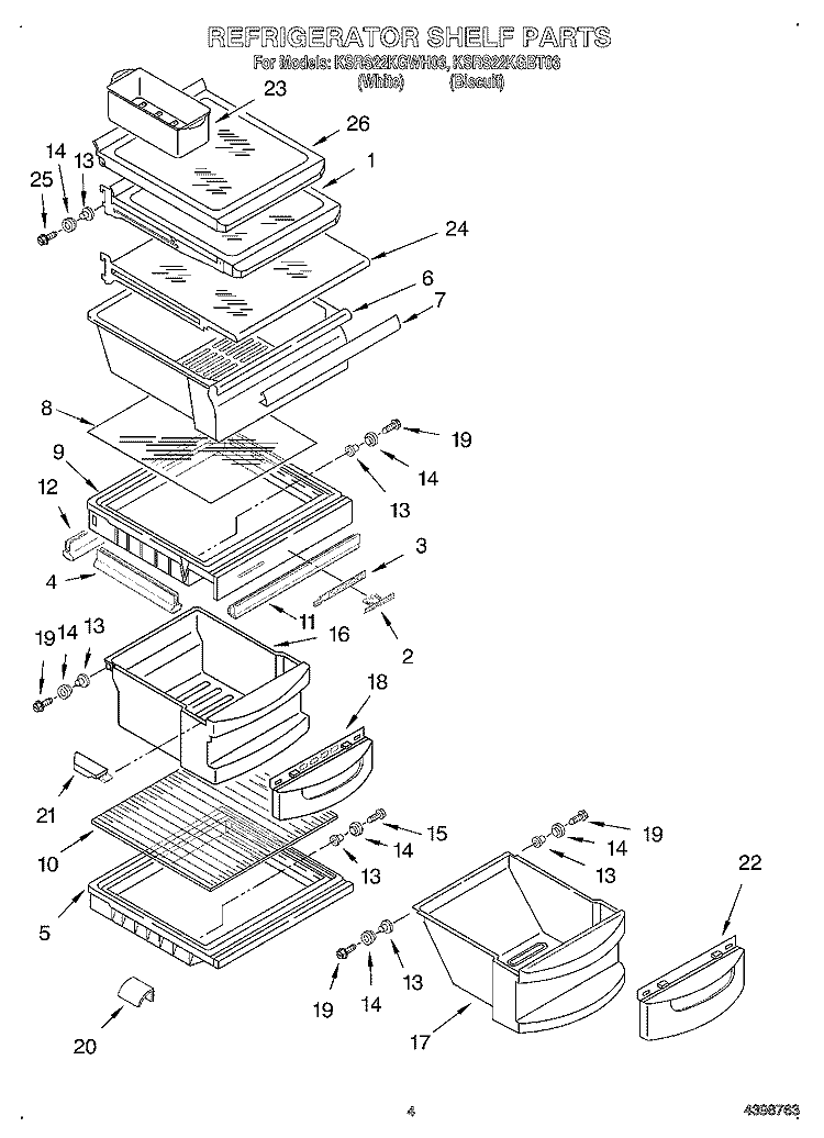 REFRIGERATOR SHELF Diagram and Parts List for KSRS22KGWH03  KitchenAid Refrigerator