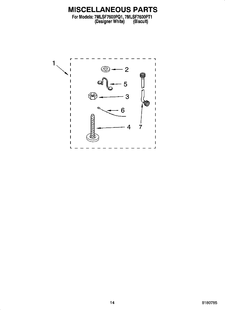 MISCELLANEOUS  PARTS, OPTIONAL PARTS (NOT INCLUDED) Diagram and Parts List for 7MLSF7600PT1  Whirlpool Washer