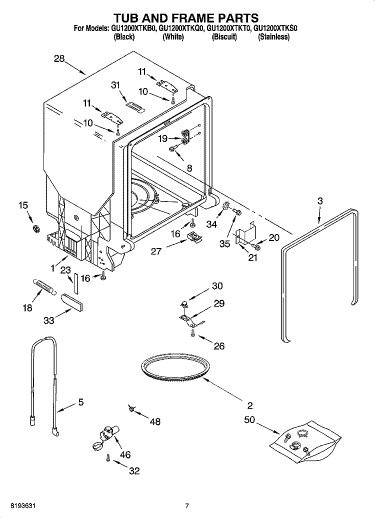 TUB AND FRAME PARTS Diagram and Parts List for GU1200XTKT0  Whirlpool Dishwasher