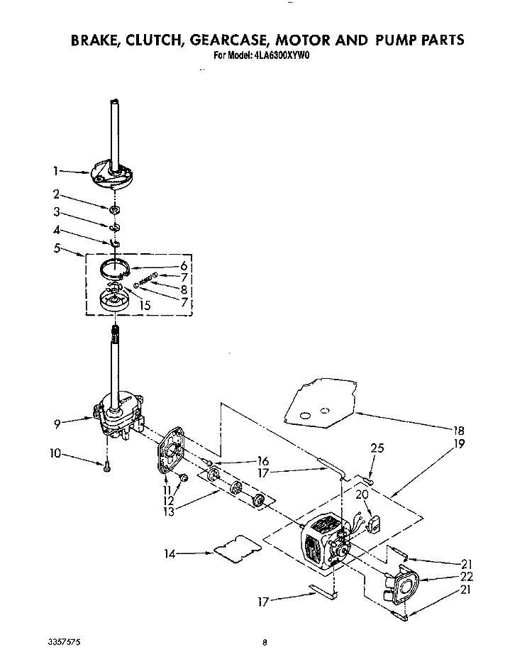 BRAKE, CLUTCH, GEARCASE, MOTOR AND PUMP Diagram and Parts List for 4LA6300XYN0  Whirlpool Washer