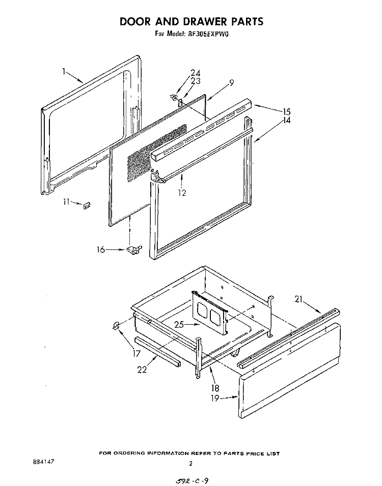 DOOR AND DRAWER Diagram and Parts List for RF305EXPW0  Whirlpool Range