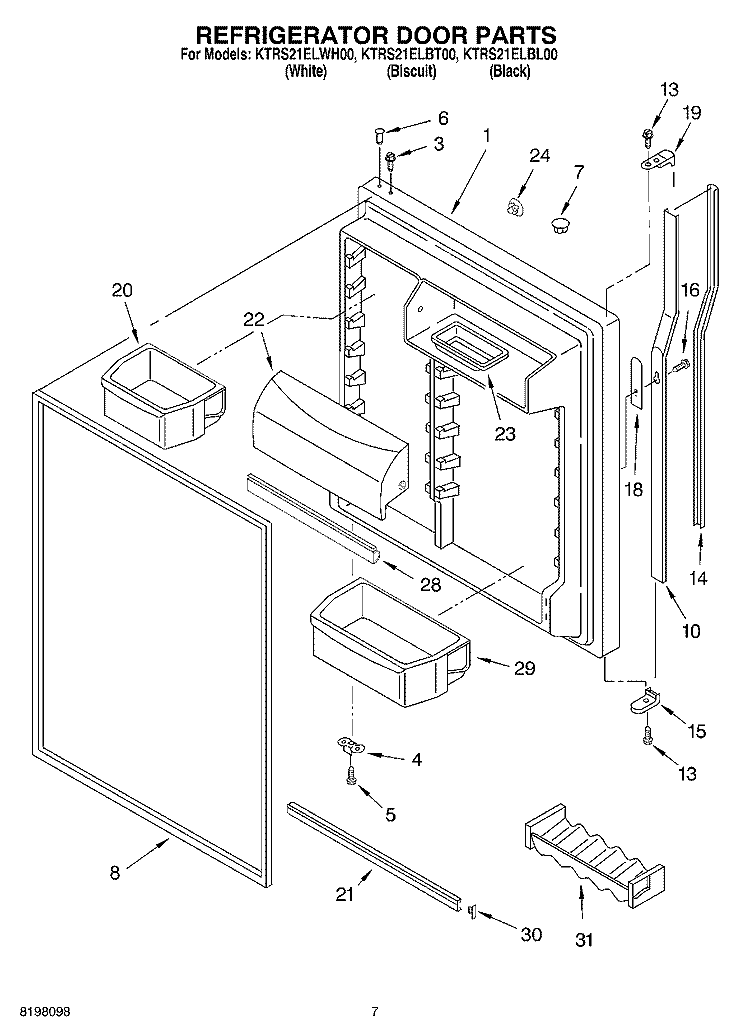 REFRIGERATOR DOOR Diagram and Parts List for KTRS21ELWH00  KitchenAid Refrigerator