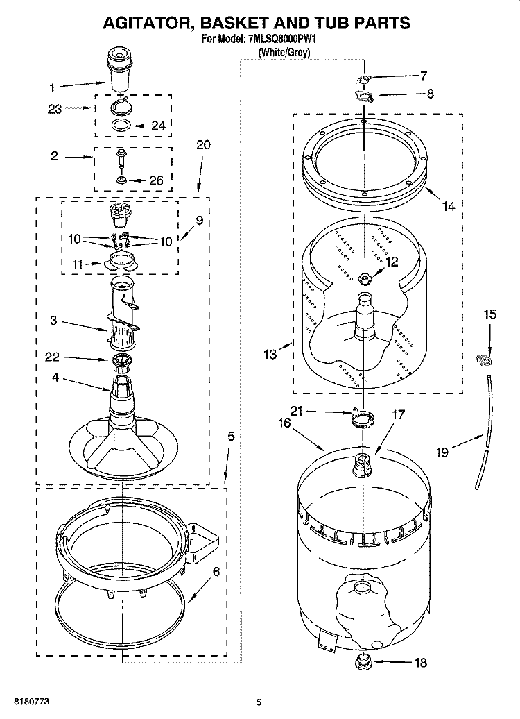 AGITATOR, BASKET AND TUB PARTS Diagram and Parts List for 7MLSQ8000PW1  Whirlpool Washer