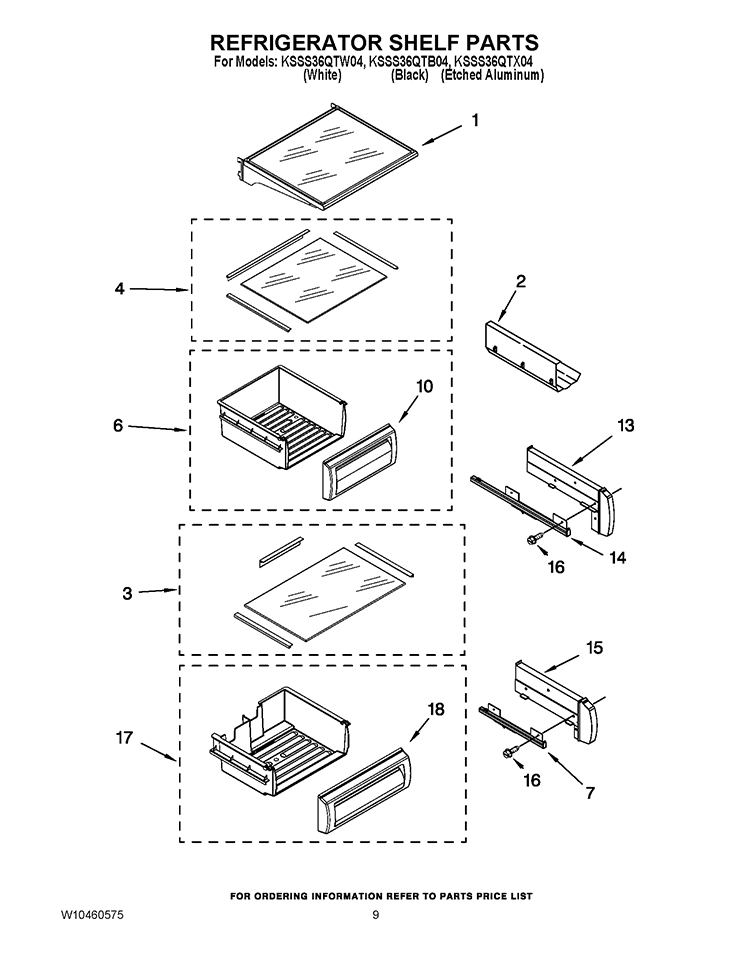 REFRIGERATOR SHELF PARTS Diagram and Parts List for KSSS36QTB04  KitchenAid Refrigerator
