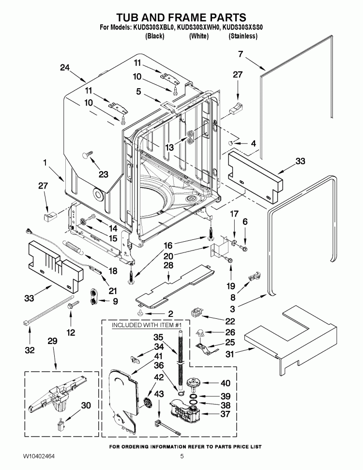 TUB AND FRAME PARTS Diagram and Parts List for KUDS30SXBL0  KitchenAid Dishwasher