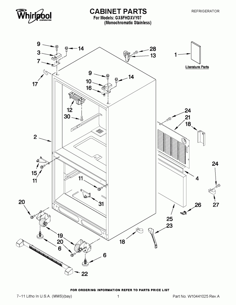 CABINET PARTS Diagram and Parts List for GX5FHDXVY07  Whirlpool Refrigerator