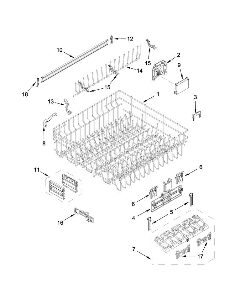 Upper Rack And Track Parts Diagram and Parts List for KDFE454CSS2  KitchenAid Dishwasher
