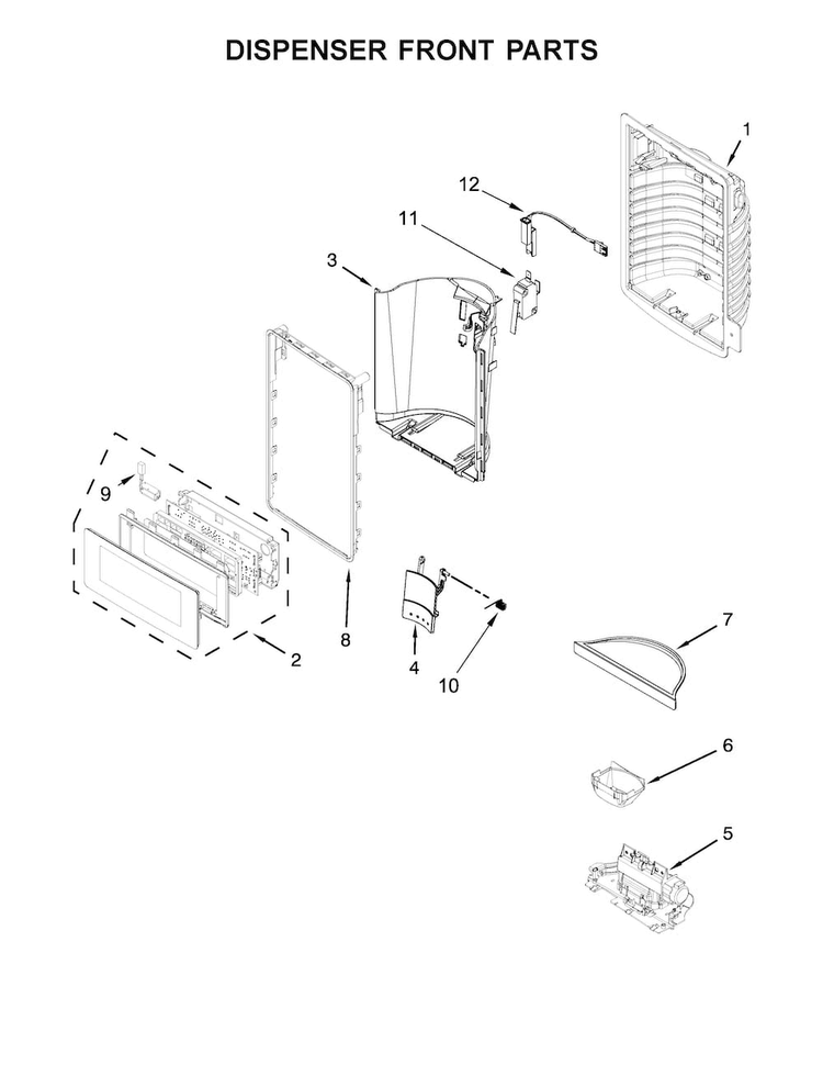 Dispenser Front Parts Diagram and Parts List for WRV986FDEM00  Whirlpool Refrigerator