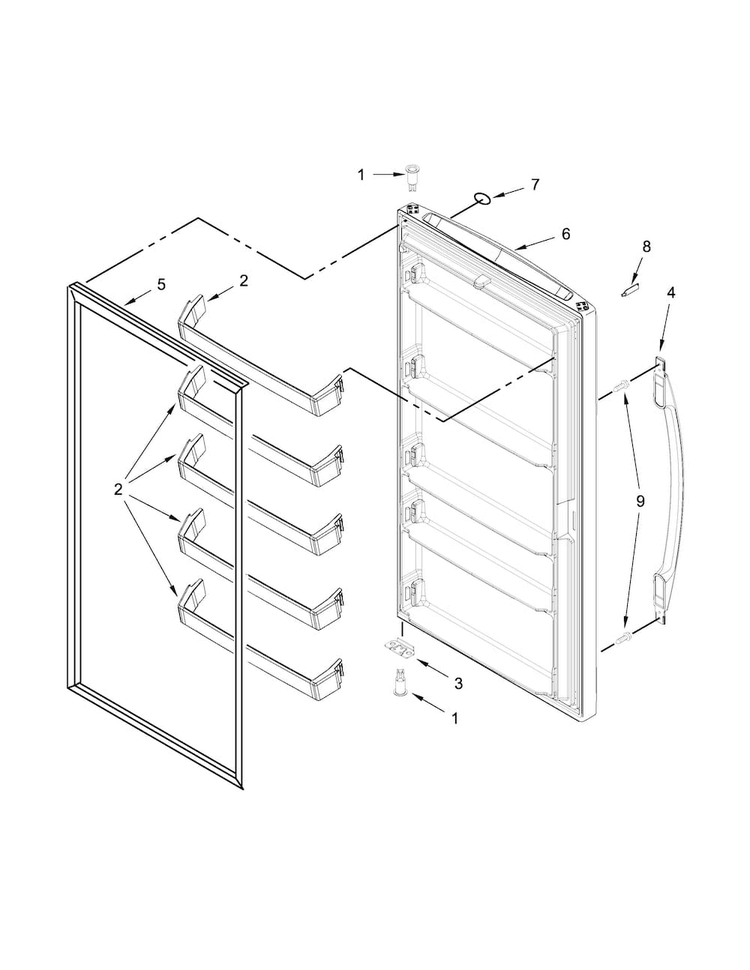 Door Parts Diagram and Parts List for WZF56R16DW00  Whirlpool Freezer