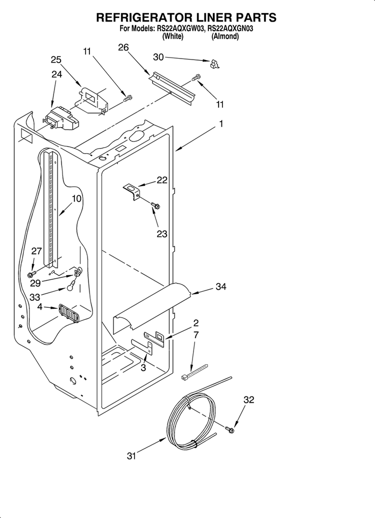Refrigerator Liner Diagram and Parts List for RS22AQXGN03  Roper Refrigerator