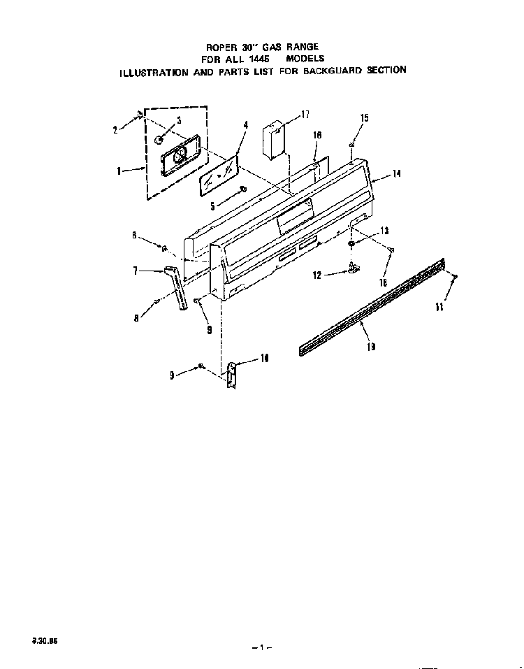 Backguard Diagram and Parts List for 1445*1A  Roper Range