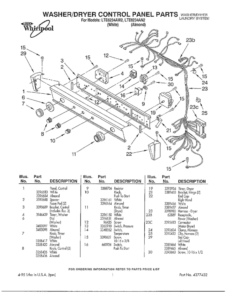 Washer/dryer Control Panel Parts Diagram and Parts List for LTE6243AN2  Whirlpool Washer Dryer Combo