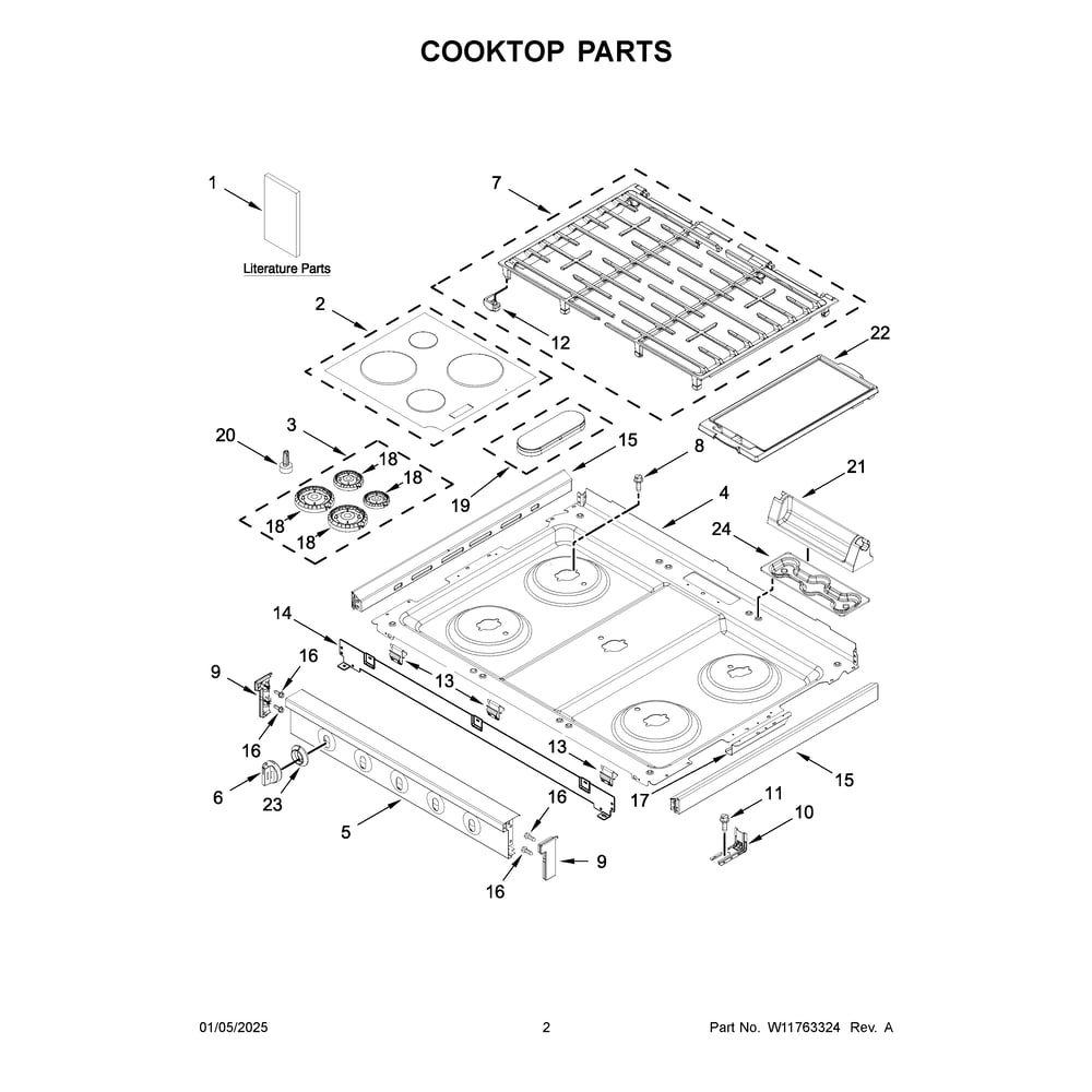 Cooktop Parts 1 Diagram and Parts List for WFGS7530RB1  Whirlpool Range
