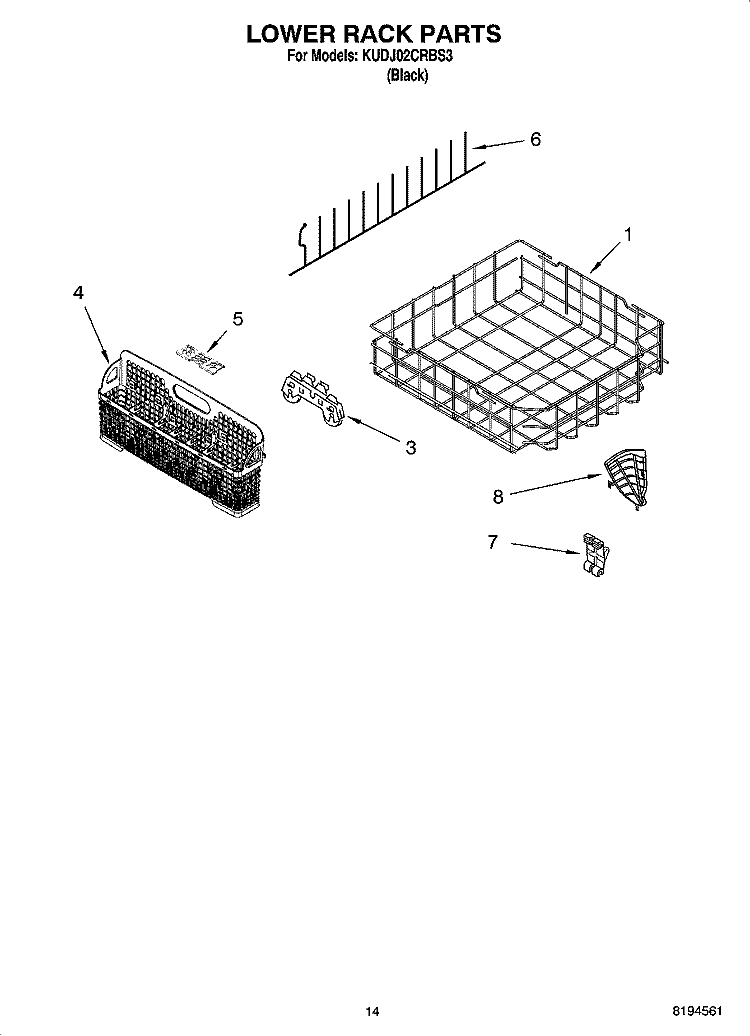 LOWER RACK PARTS, OPTIONAL PARTS (NOT INCLUDED) Diagram and Parts List for KUDJ02CRBS3  KitchenAid Dishwasher