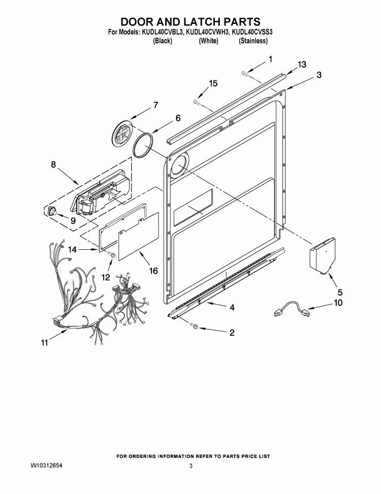 DOOR AND LATCH PARTS Diagram and Parts List for KUDL40CVBL3  KitchenAid Dishwasher