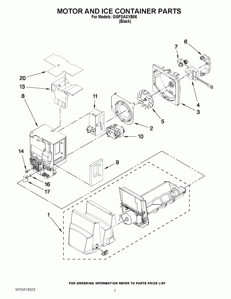 MOTOR AND ICE CONTAINER PARTS Diagram and Parts List for GI0FSAXVB06  Whirlpool Refrigerator