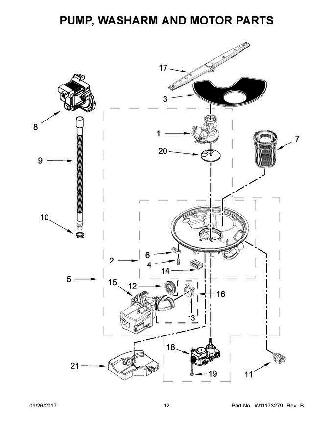 07 - Pump, Washarm And Motor Parts Diagram and Parts List for WDT730PAHV0  Whirlpool Dishwasher