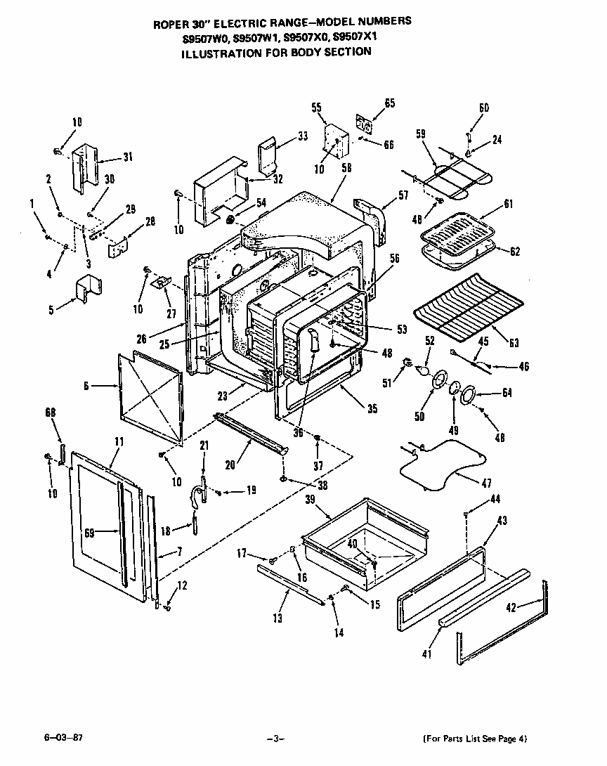 Body Diagram and Parts List for S9507*0  Roper Range