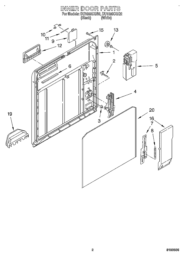 INNER DOOR Diagram and Parts List for DU1000CGB2  Whirlpool Dishwasher
