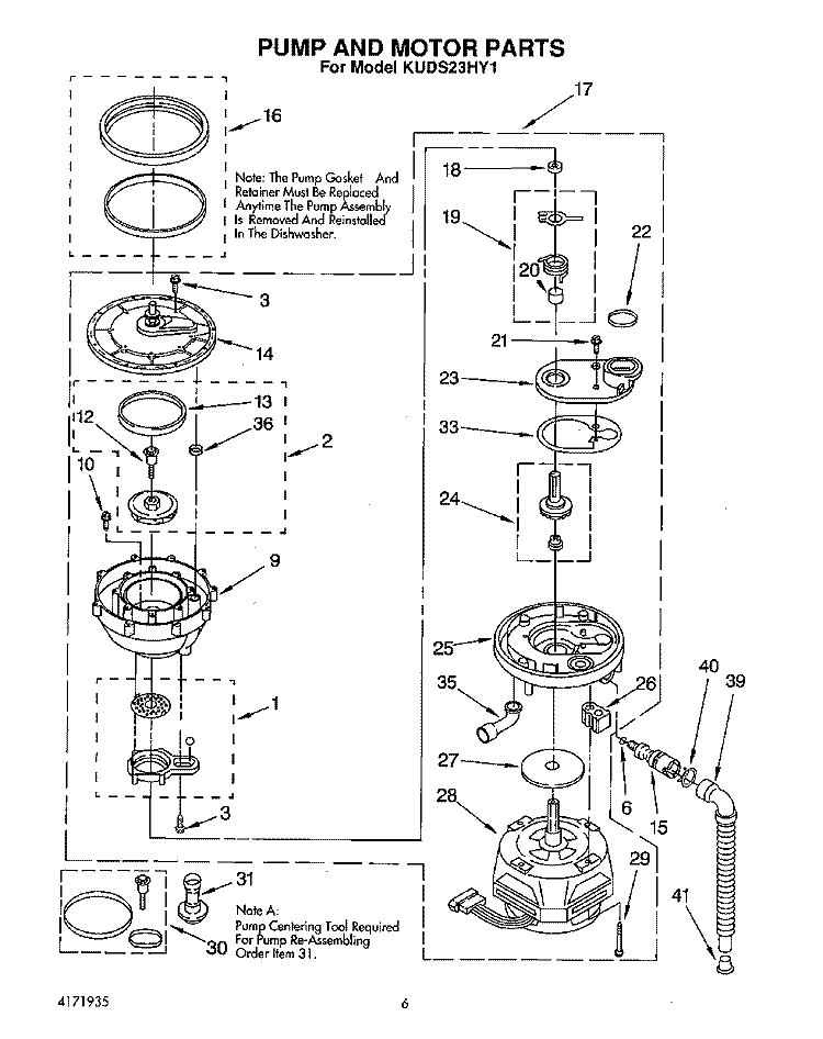 PUMP AND MOTOR Diagram and Parts List for KUDS23HY1  KitchenAid Dishwasher