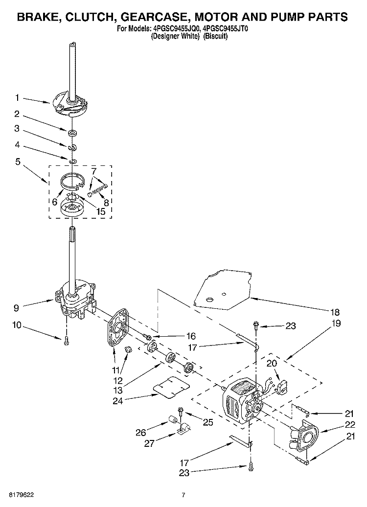 BRAKE, CLUTCH, GEARCASE, MOTOR AND PUMP Diagram and Parts List for 4PGSC9455JT0  Whirlpool Washer