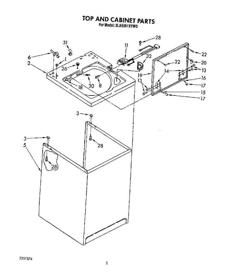 TOP AND CABINET, LIT/OPTIONAL Diagram and Parts List for 3LA5581XYW0  Whirlpool Washer