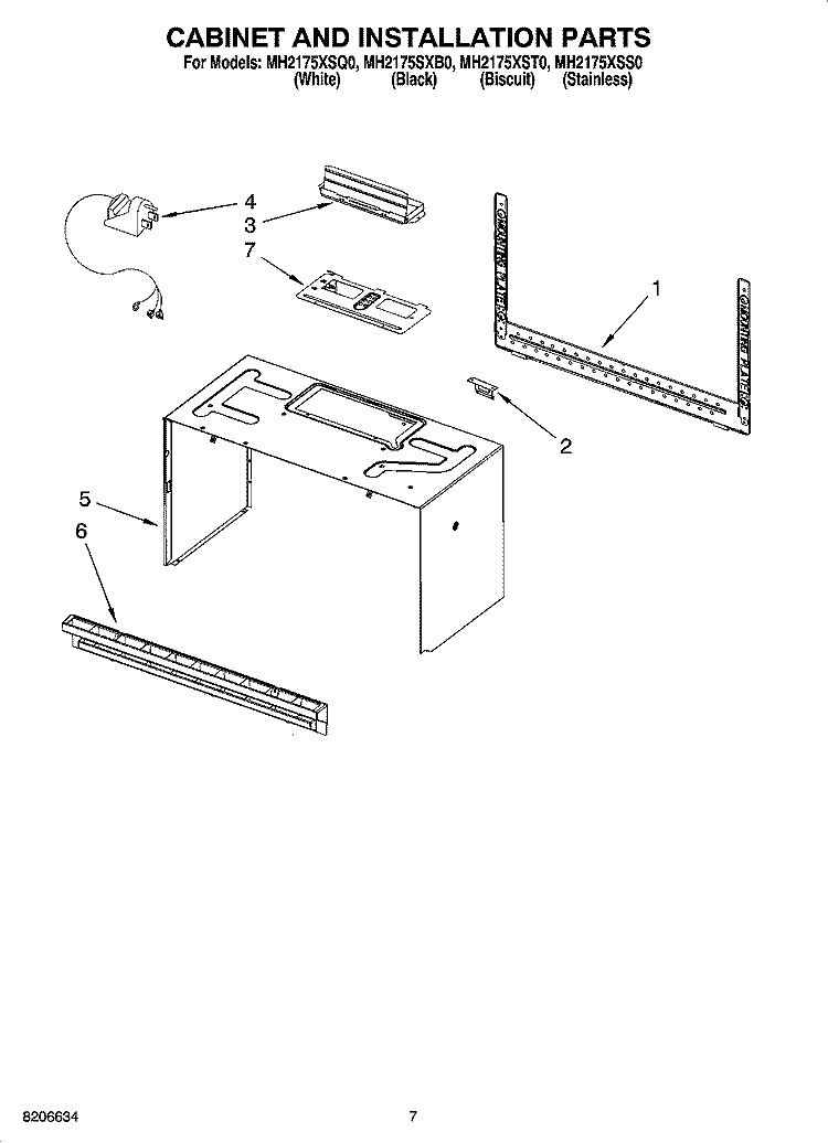 CABINET AND INSTALLATION PARTS Diagram and Parts List for MH2175SXB0  Whirlpool Microwave