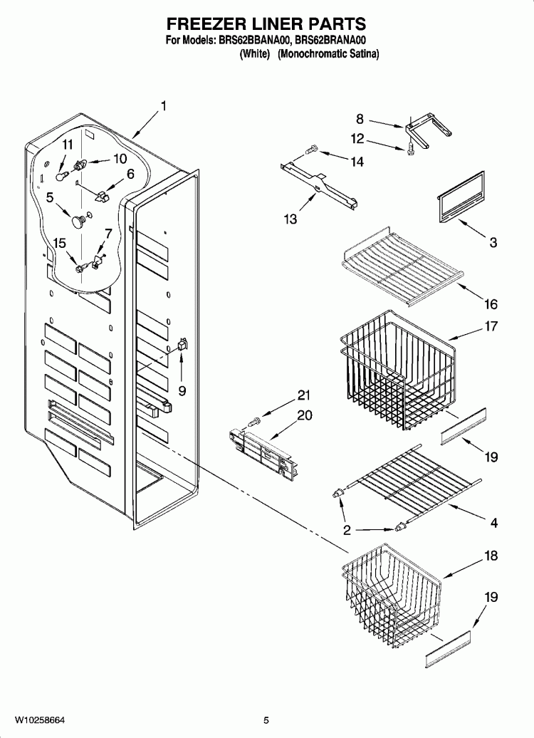 FREEZER LINER PARTS Diagram and Parts List for BRS62BRANA00  Whirlpool Refrigerator