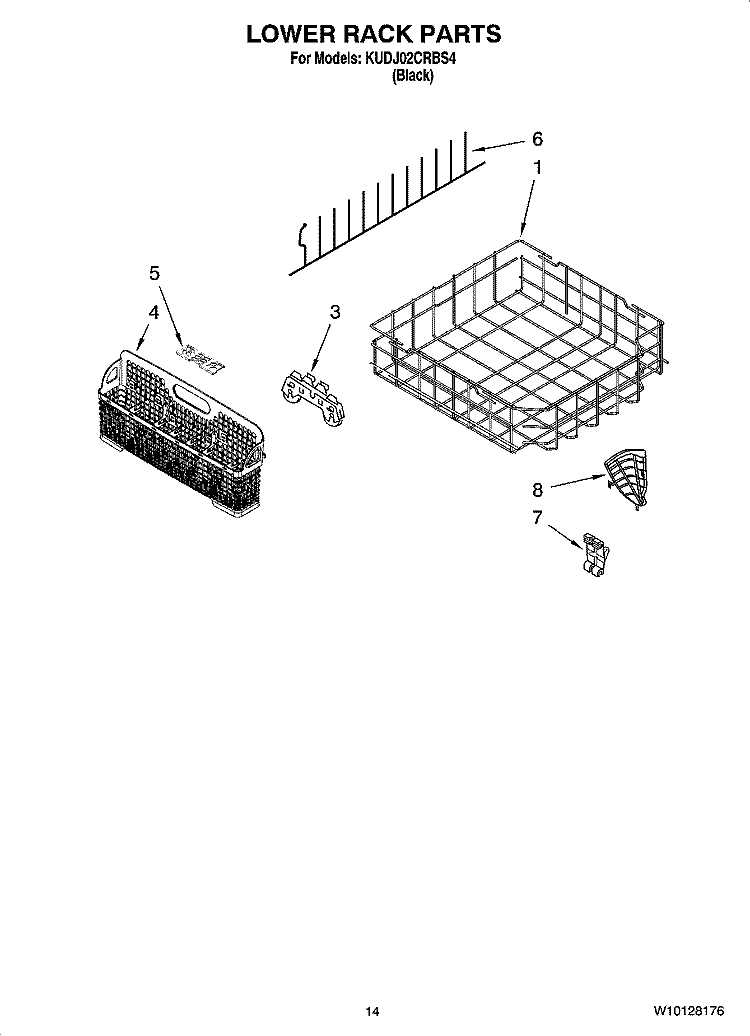 LOWER RACK PARTS, OPTIONAL PARTS (NOT INCLUDED) Diagram and Parts List for KUDJ02CRBS4  KitchenAid Dishwasher