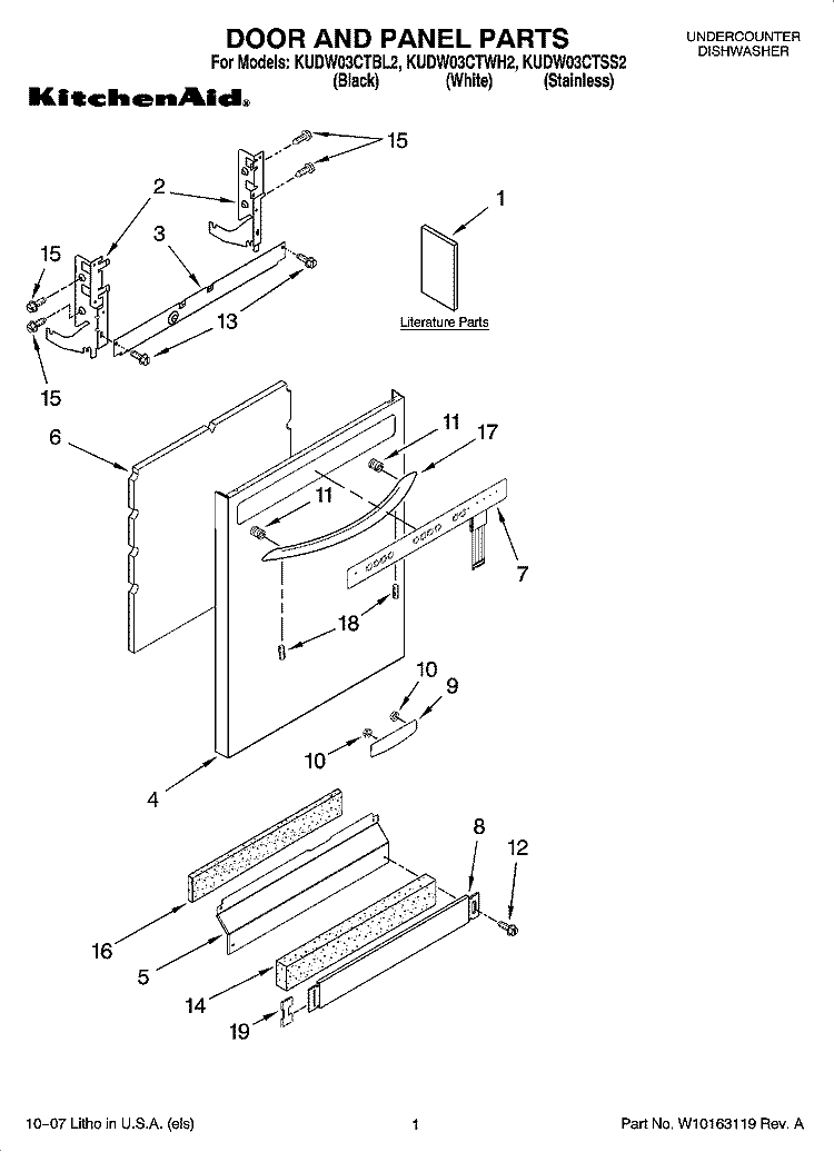 DOOR AND PANEL PARTS Diagram and Parts List for KUDW03CTSS2  KitchenAid Dishwasher
