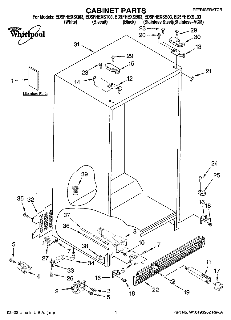 CABINET PARTS Diagram and Parts List for ED5FHEXSB03  Whirlpool Refrigerator