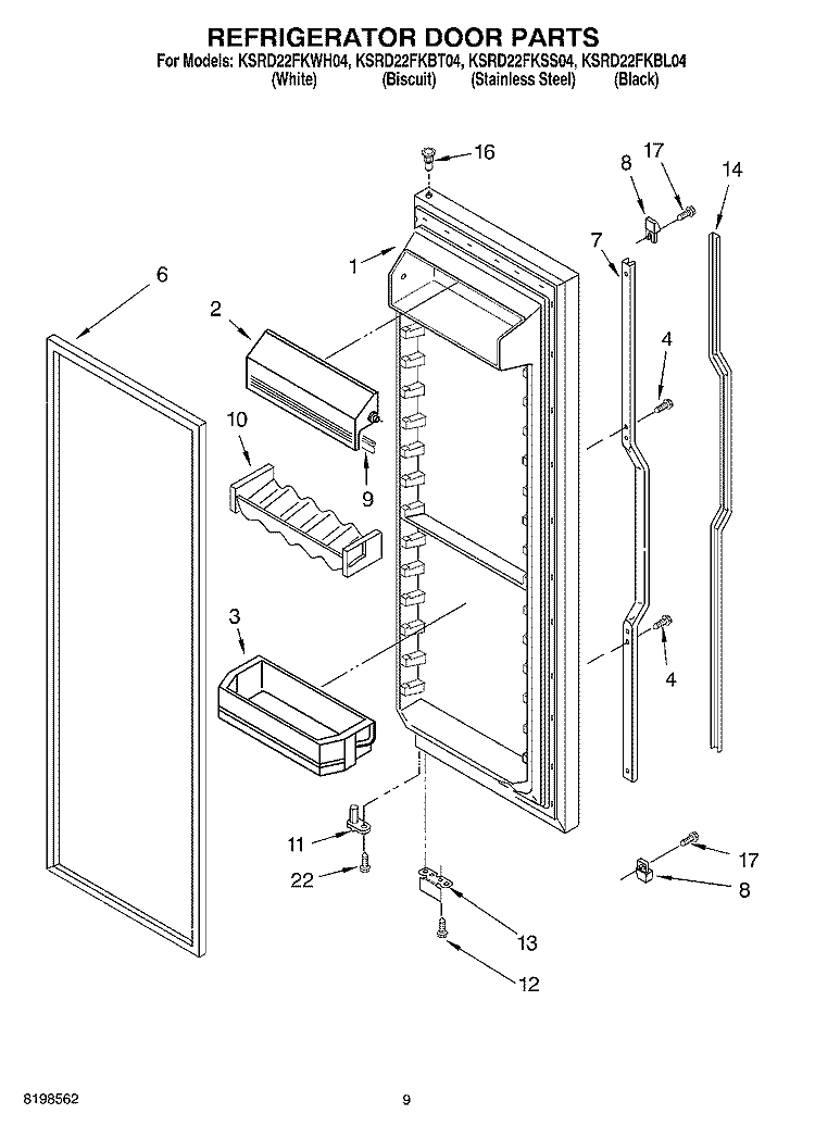 REFRIGERATOR DOOR PARTS Diagram and Parts List for KSRD22FKBL04  KitchenAid Refrigerator