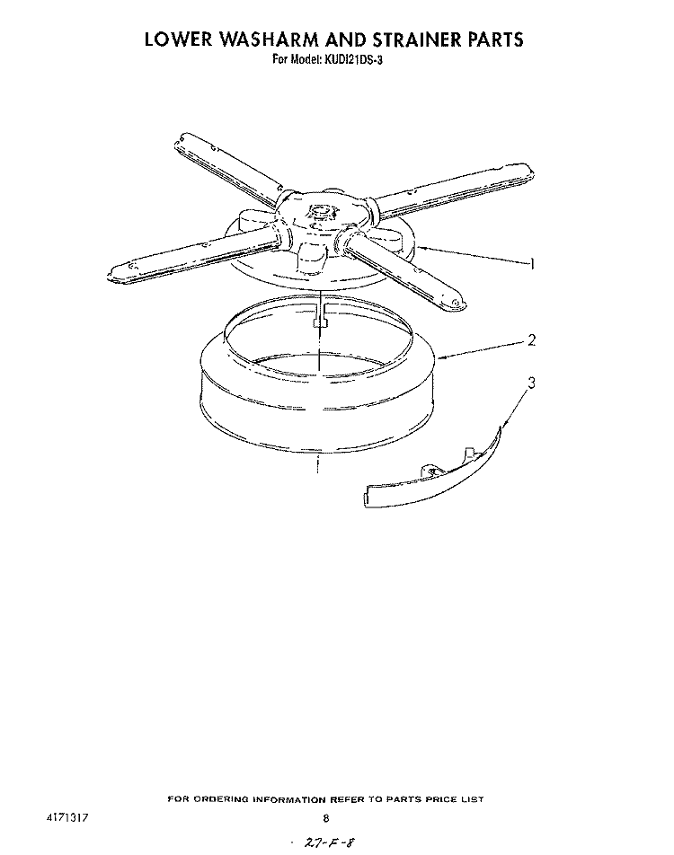 LOWER WASH ARM AND STRAINER Diagram and Parts List for KUDI21DS3  KitchenAid Dishwasher