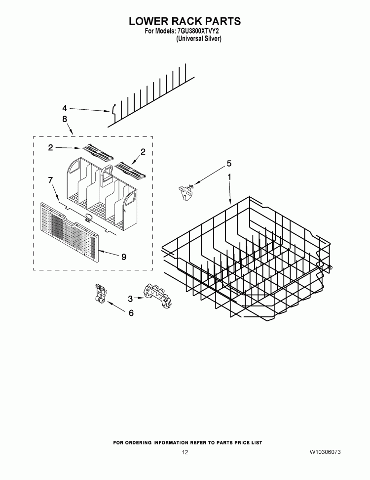 LOWER RACK PARTS Diagram and Parts List for 7GU3800XTVY2  Whirlpool Dishwasher